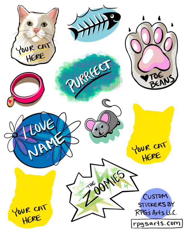 RPG's Arts, LLC. die-cut sticker, holographic sticker, holographic vinyl, vinyl sticker, cat sticker, cute sticker, car sticker, water bottle sticker, aesthetic sticker, pet sticker, glossy sticker,